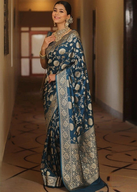 Women's Jacquard Printed Saree With Unstitched Blouse 5.5 Mtr (Teal)