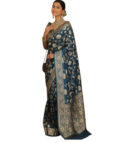 Women's Jacquard Printed Saree With Unstitched Blouse 5.5 Mtr (Teal)