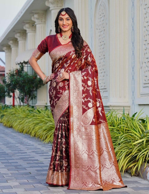 Women's Jacquard Printed Saree With Unstitched Blouse 5.5 Mtr (Maroon)