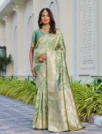 Women's Jacquard Printed Saree With Unstitched Blouse 5.5 Mtr (Pista Green)