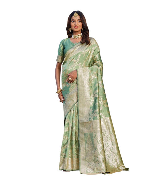 Women's Jacquard Printed Saree With Unstitched Blouse 5.5 Mtr (Pista Green)