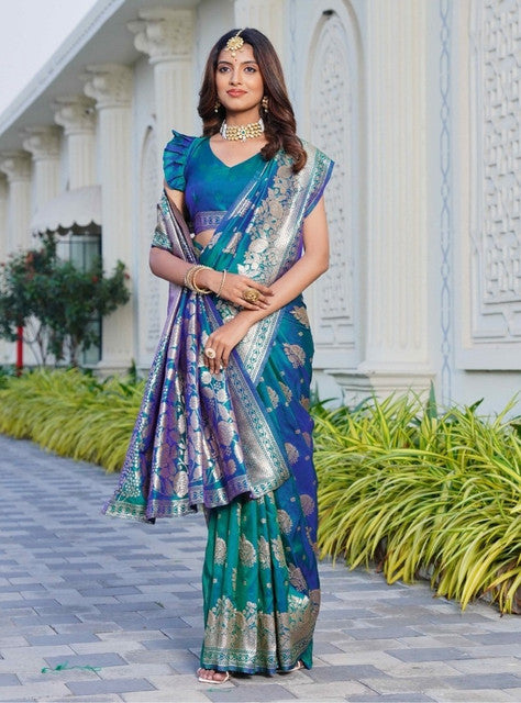 Women's Jacquard Printed Saree With Unstitched Blouse 5.5 Mtr (Royal-Teal)