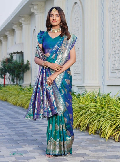 Women's Jacquard Printed Saree With Unstitched Blouse 5.5 Mtr (Royal-Teal)
