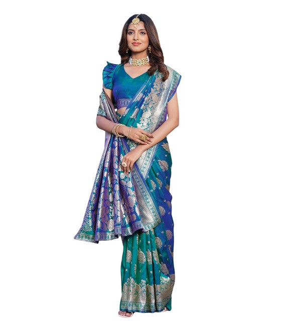 Women's Jacquard Printed Saree With Unstitched Blouse 5.5 Mtr (Royal-Teal)