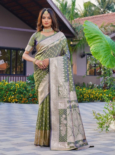 Women's Jacquard Printed Saree With Unstitched Blouse 5.5 Mtr (Olive Green)