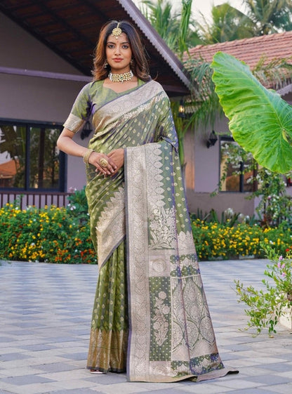 Women's Jacquard Printed Saree With Unstitched Blouse 5.5 Mtr (Olive Green)