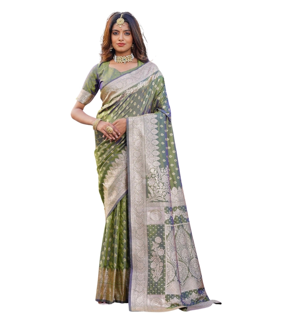 Women's Jacquard Printed Saree With Unstitched Blouse 5.5 Mtr (Olive Green)