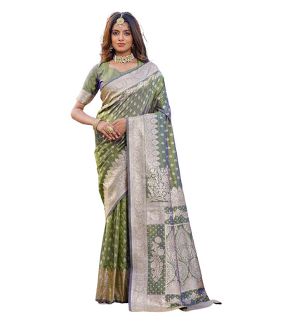 Women's Jacquard Printed Saree With Unstitched Blouse 5.5 Mtr (Olive Green)