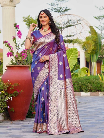Women's Jacquard Printed Saree With Unstitched Blouse 5.5 Mtr (Purple)