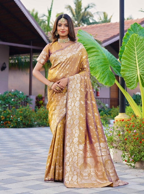 Women's Jacquard Printed Saree With Unstitched Blouse 5.5 Mtr (Mustard)
