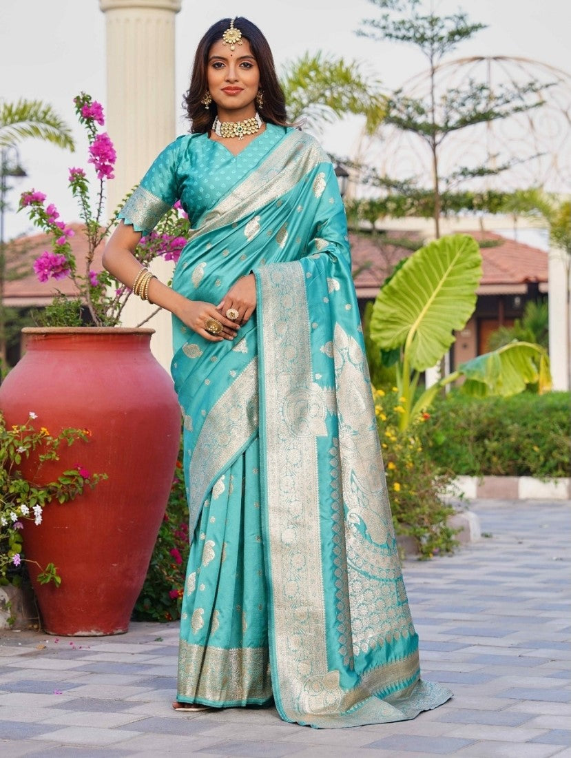 Women's Jacquard Printed Saree With Unstitched Blouse 5.5 Mtr (Skyblue)