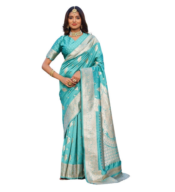Women's Jacquard Printed Saree With Unstitched Blouse 5.5 Mtr (Skyblue)