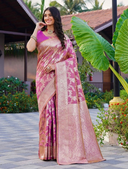 Women's Jacquard Printed Saree With Unstitched Blouse 5.5 Mtr (Pink)