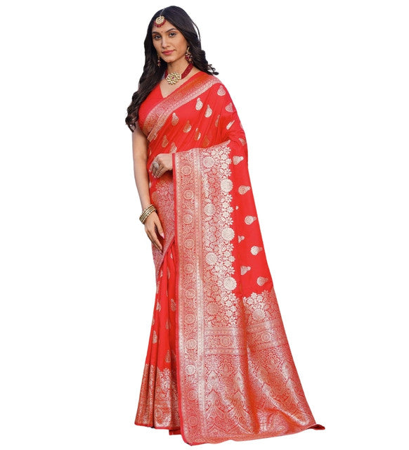 Women's Jacquard Printed Saree With Unstitched Blouse 5.5 Mtr (Red)