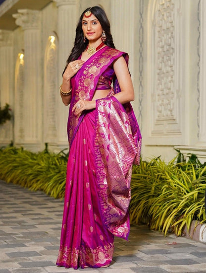 Women's Jacquard Printed Saree With Unstitched Blouse 5.5 Mtr (Magenta)