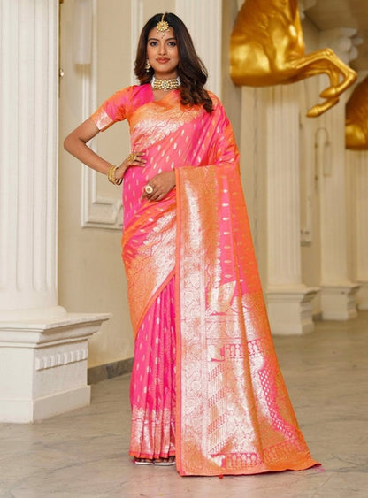 Women's Jacquard Printed Saree With Unstitched Blouse 5.5 Mtr (Pink)