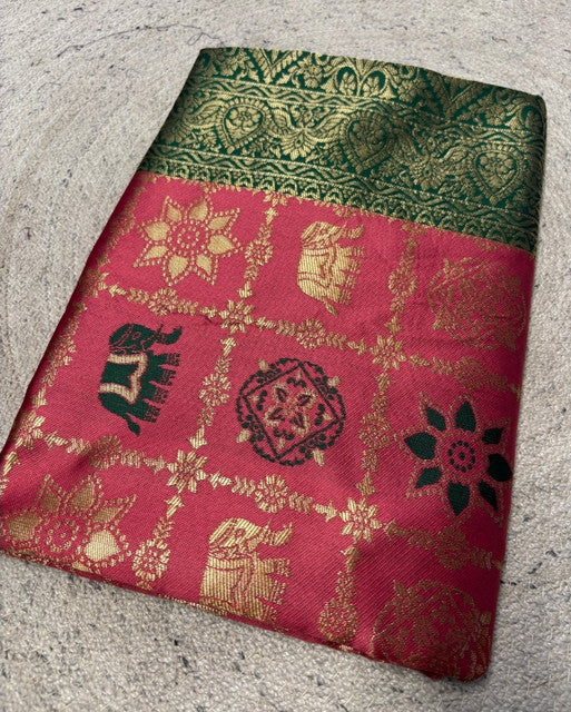 Women's Jacquard Printed Saree With Unstitched Blouse 5.5 Mtr (Pink)