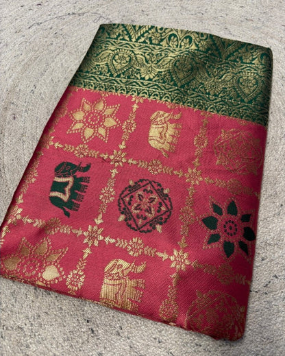 Women's Jacquard Printed Saree With Unstitched Blouse 5.5 Mtr (Pink)