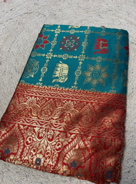 Women's Jacquard Printed Saree With Unstitched Blouse 5.5 Mtr (Teal)