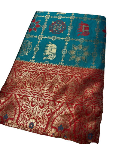 Women's Jacquard Printed Saree With Unstitched Blouse 5.5 Mtr (Teal)