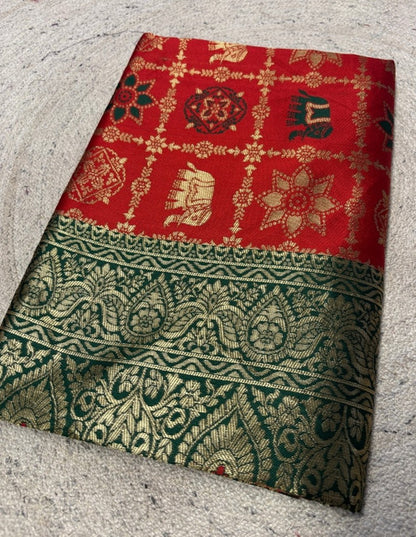 Women's Jacquard Printed Saree With Unstitched Blouse 5.5 Mtr (Red)