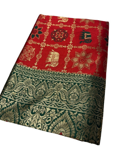 Women's Jacquard Printed Saree With Unstitched Blouse 5.5 Mtr (Red)