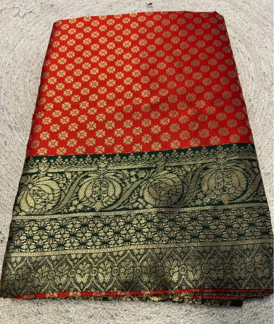 Women's Jacquard Printed Saree With Unstitched Blouse 5.5 Mtr (Red)