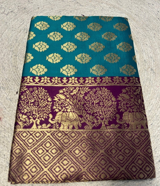 Women's Jacquard Printed Saree With Unstitched Blouse 5.5 Mtr (Turquoise)