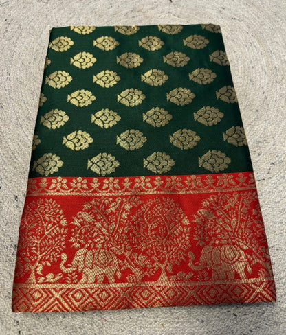 Women's Jacquard Printed Saree With Unstitched Blouse 5.5 Mtr (Bottle Green)