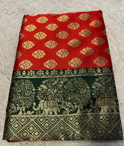 Women's Jacquard Printed Saree With Unstitched Blouse 5.5 Mtr (Red)