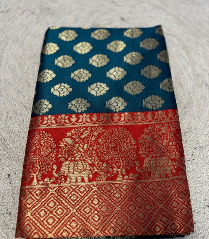 Women's Jacquard Printed Saree With Unstitched Blouse 5.5 Mtr (Teal)