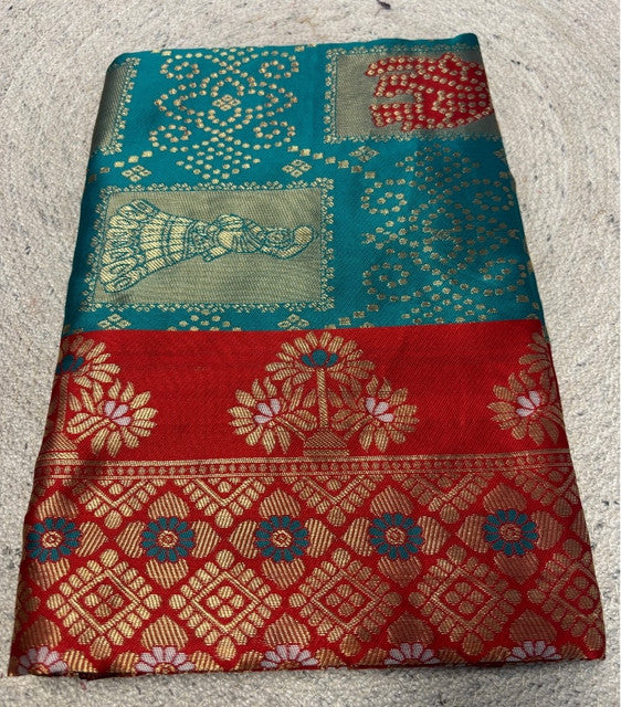 Women's Jacquard Printed Saree With Unstitched Blouse 5.5 Mtr (Teal)