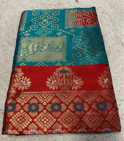 Women's Jacquard Printed Saree With Unstitched Blouse 5.5 Mtr (Teal)