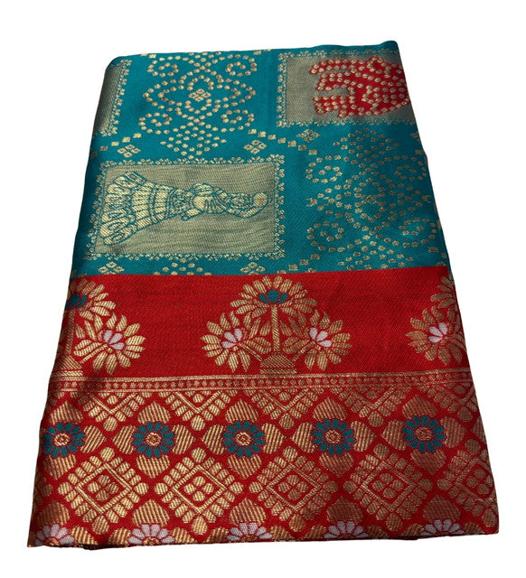 Women's Jacquard Printed Saree With Unstitched Blouse 5.5 Mtr (Teal)