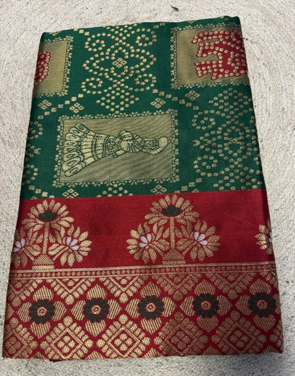 Women's Jacquard Printed Saree With Unstitched Blouse 5.5 Mtr (Dark Green)