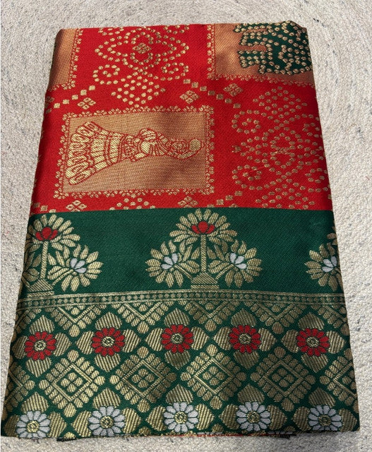 Women's Jacquard Printed Saree With Unstitched Blouse 5.5 Mtr (Red)