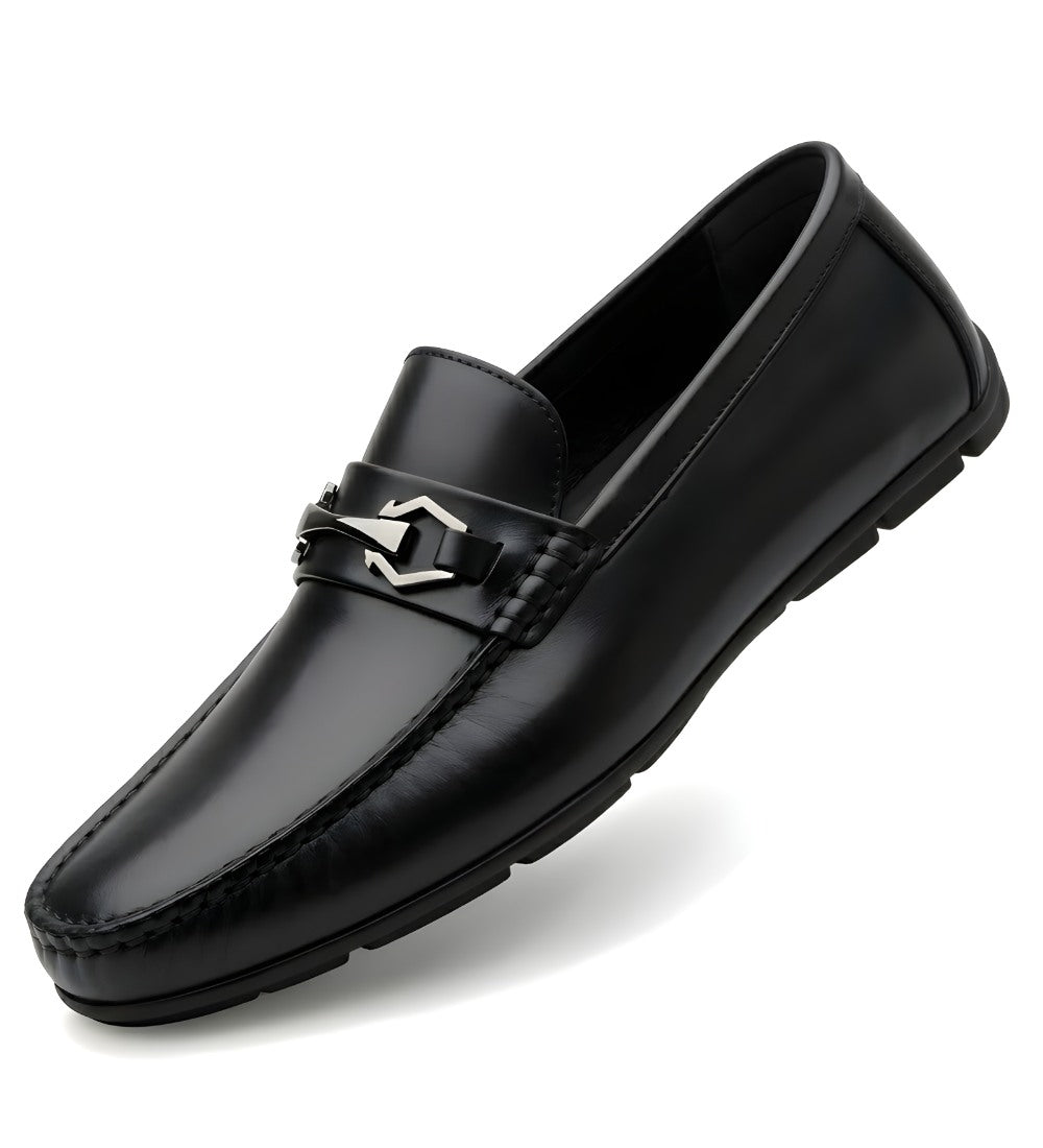 Men's Synthetic Leather Solid Slip - On Casual Loafers With Metal Bit - Black