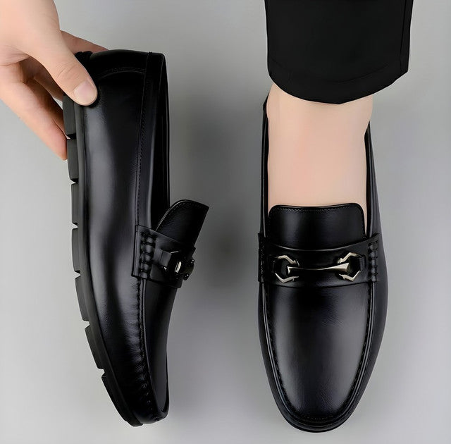 Men's Synthetic Leather Solid Slip - On Casual Loafers With Metal Bit - Black