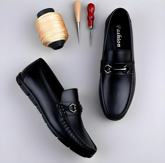 Men's Synthetic Leather Solid Slip - On Casual Loafers With Metal Bit - Black