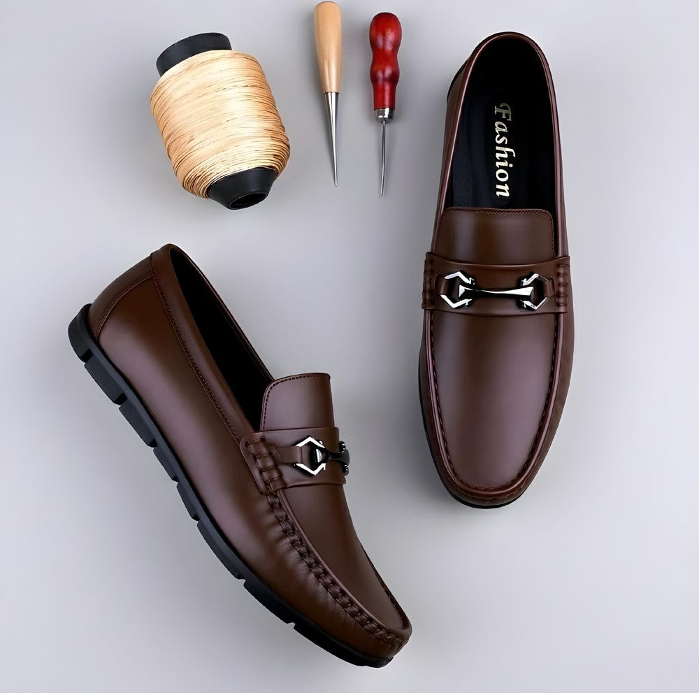 Men's Synthetic Leather Solid Slip - On Casual Loafers With Metal Bit - Brown