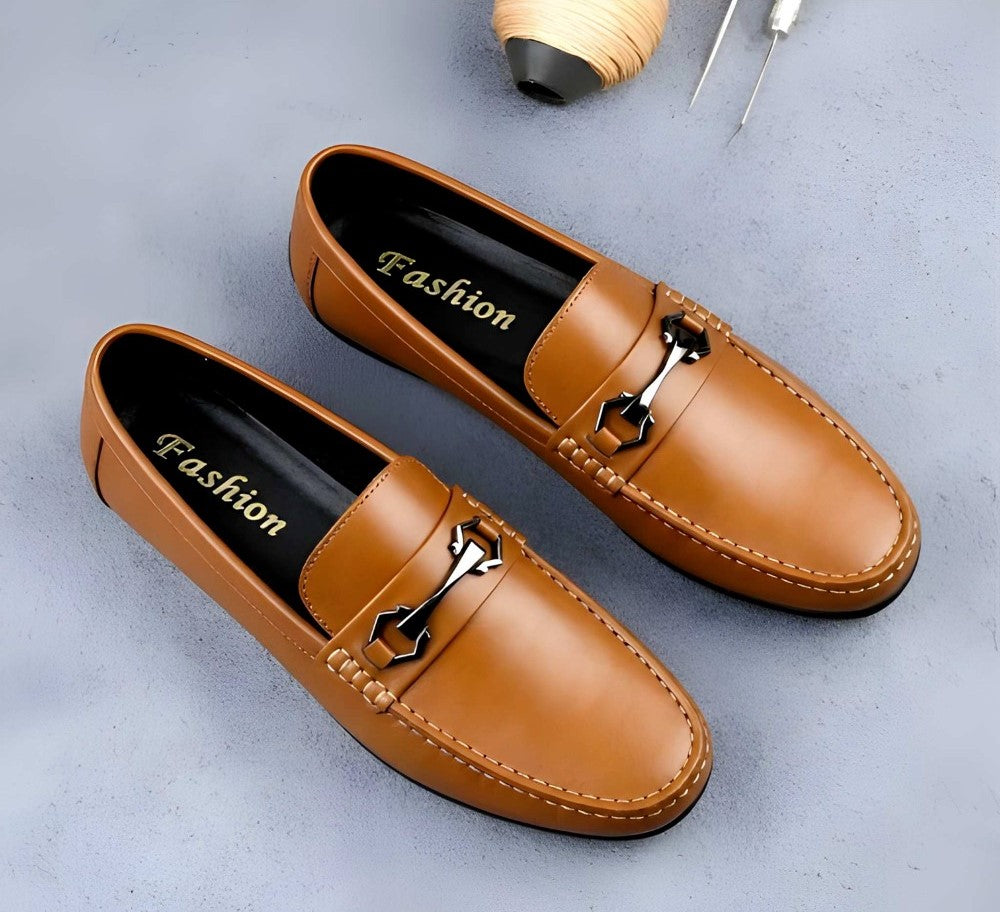 Men's Synthetic Leather Solid Slip - On Casual Loafers With Metal Bit - Tan
