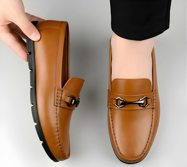 Men's Synthetic Leather Solid Slip - On Casual Loafers With Metal Bit - Tan