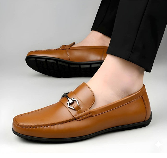 Men's Synthetic Leather Solid Slip - On Casual Loafers With Metal Bit - Tan