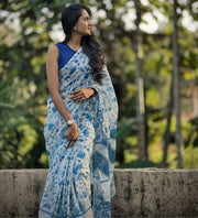 Women's Linen Floral Printeded Saree With Unstitched Blouse - 5.5 Mtr (White-Blue) - POPNOVA saree