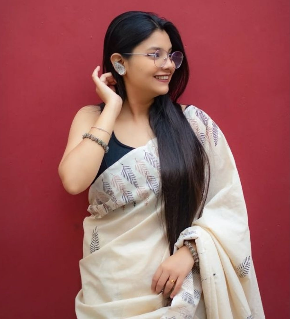 Women's Linen Printed Saree With Unstitched Blouse - 5.5 Mtr (Cream) - POPNOVA saree