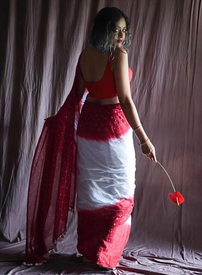 Women's Linen Printed Saree With Unstitched Blouse - 5.5 Mtr (White-Red) - POPNOVA saree