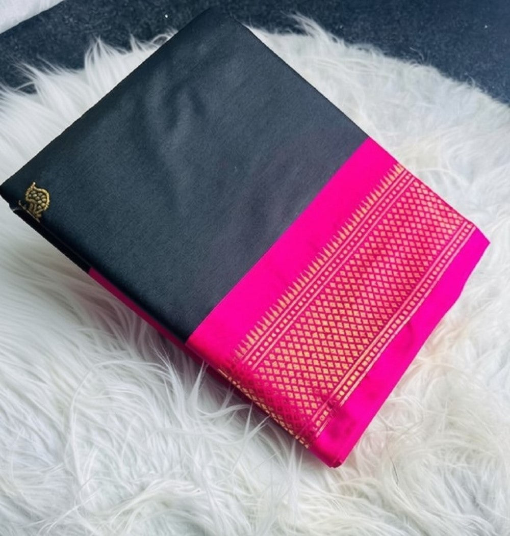 Women's Cotton Silk Solid Saree With Unstitched Blouse - 5.5 Mtr (Black-Pink) - POPNOVA saree