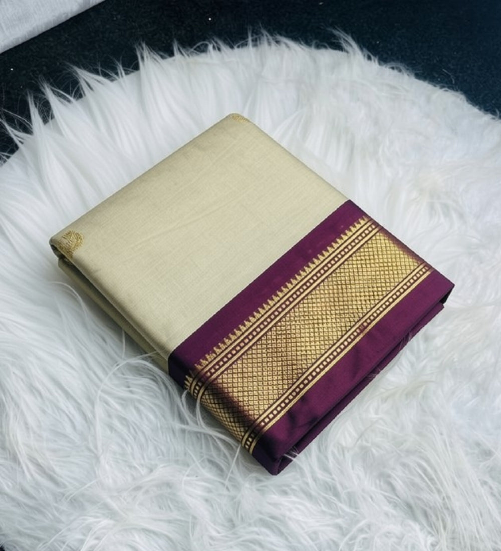 Women's Cotton Silk Solid Saree With Unstitched Blouse - 5.5 Mtr (Cream-Wine) - POPNOVA saree