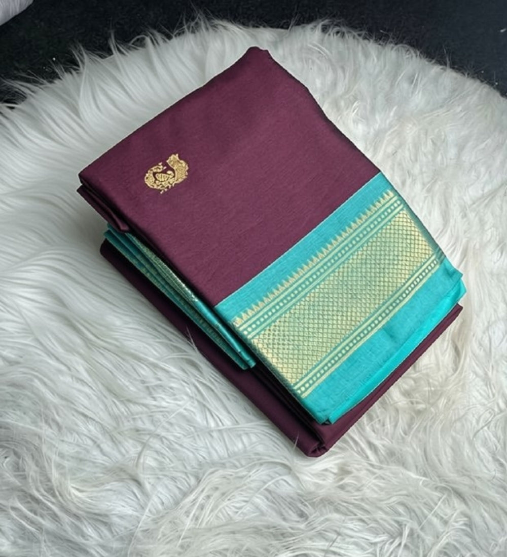Women's Cotton Silk Solid Saree With Unstitched Blouse - 5.5 Mtr (Purple-Turquoise) - POPNOVA saree