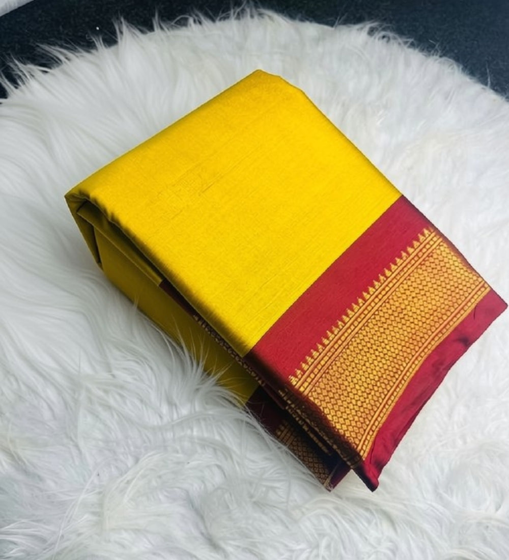 Women's Cotton Silk Solid Saree With Unstitched Blouse - 5.5 Mtr (Yellow-Red) - POPNOVA saree